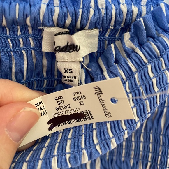 Madewell Smocked Puff Sleeve Midi Dress Womens XS Blue Striped Poplin Coastal - Picture 5 of 8